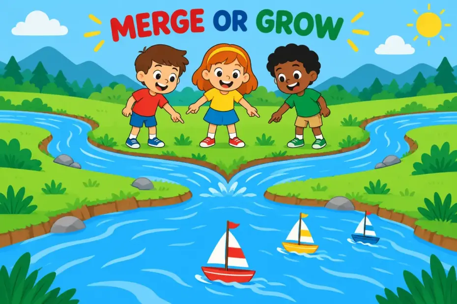 Cartoon children watch two streams join into a single river, showing coalesce in a sentence as separate parts growing into one.