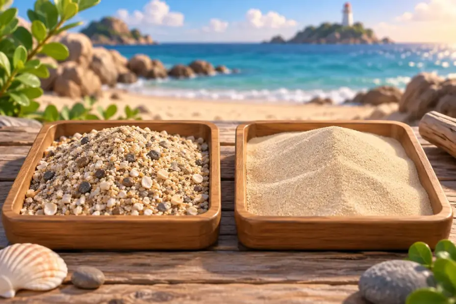 Coarse sand rests beside fine sand in two shallow trays.