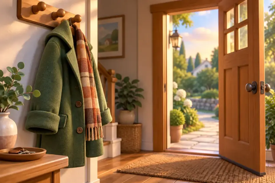 A coat hanging beside a doorway.