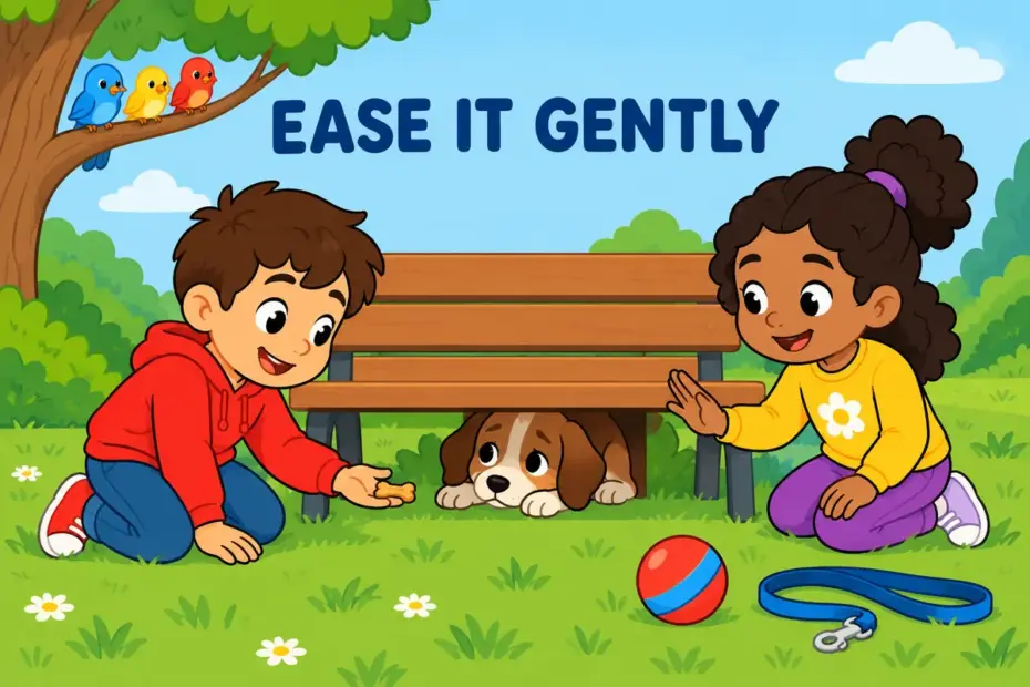 Cartoon children use kind words and a biscuit to coax a shy puppy out from under a bench at the park.