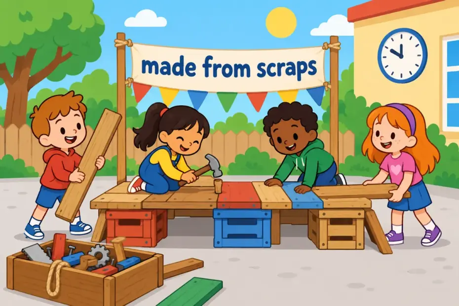 Cartoon pupils build a stage from stray boards, showing cobble together in a sentence as quick assembly from scraps.