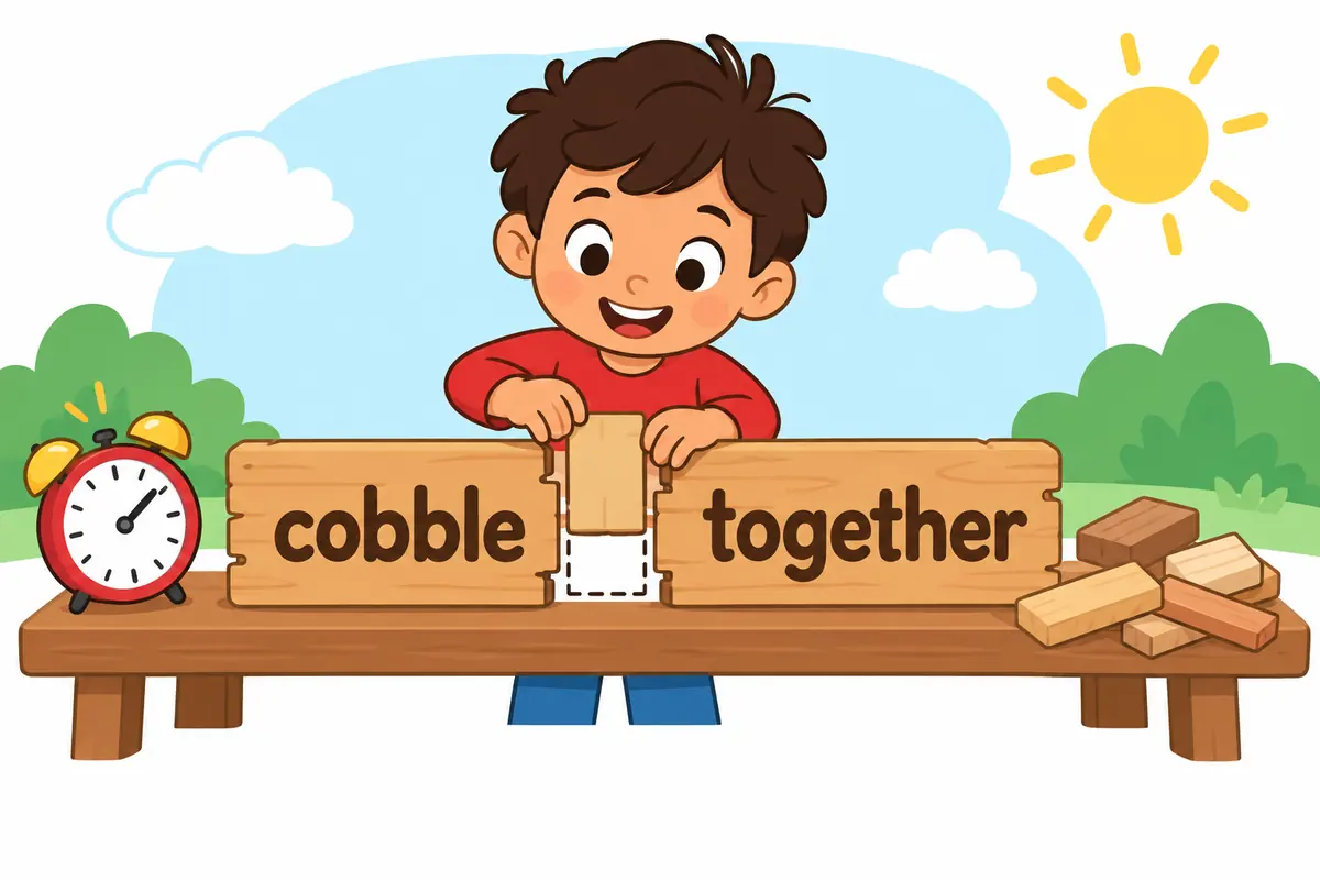 A cartoon child slides a small block into the gap between cobble and together to show the pronoun slot.