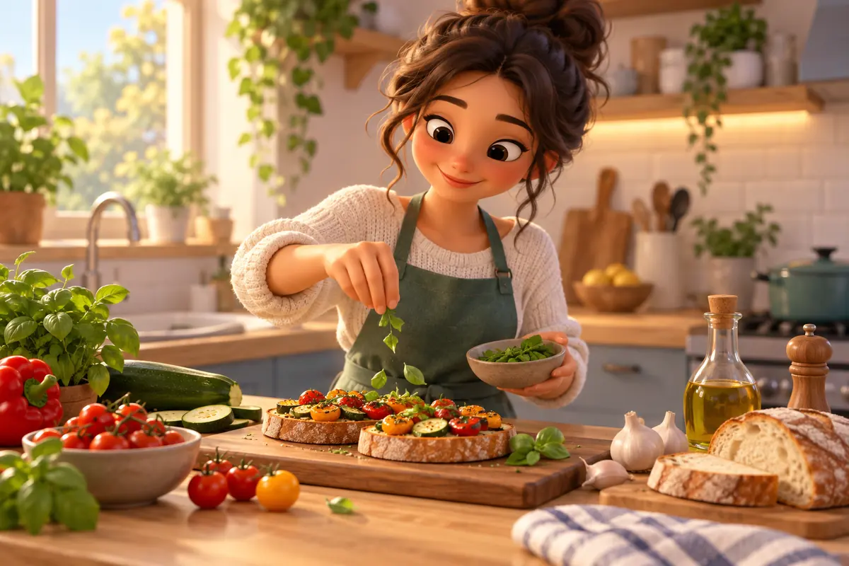 A cook assembles a meal from available ingredients.