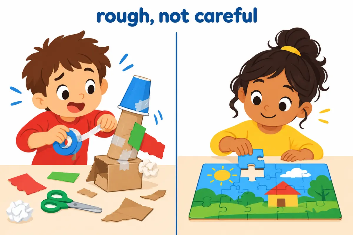 A cartoon split scene contrasts a quickly taped model against a neatly completed puzzle laid out with care.