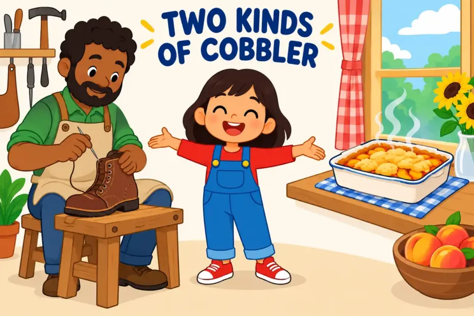 A cartoon child points to a cobbler mending a boot beside a peach cobbler cooling on a windowsill.