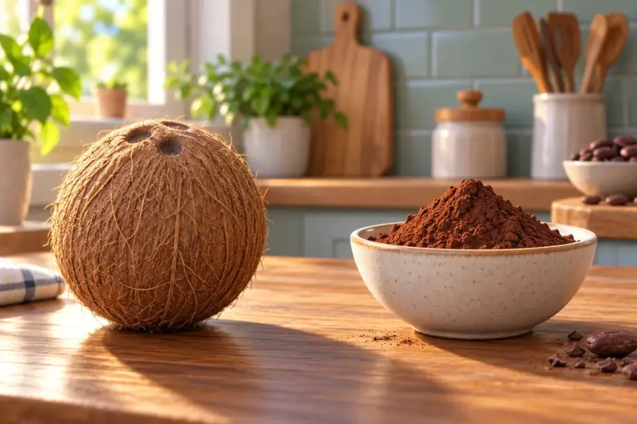 A coconut and a bowl of cocoa powder sit apart on a kitchen table.