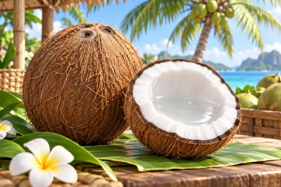 A whole and cut coconut reveal its shell, white flesh, and clear liquid.