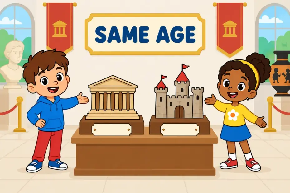 Cartoon children compare two model buildings of equal age, illustrating coeval in a sentence as things dating from one period.