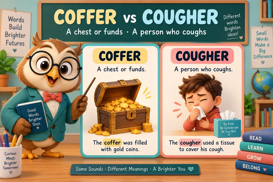Coffer names a chest or funds; cougher names someone who coughs.