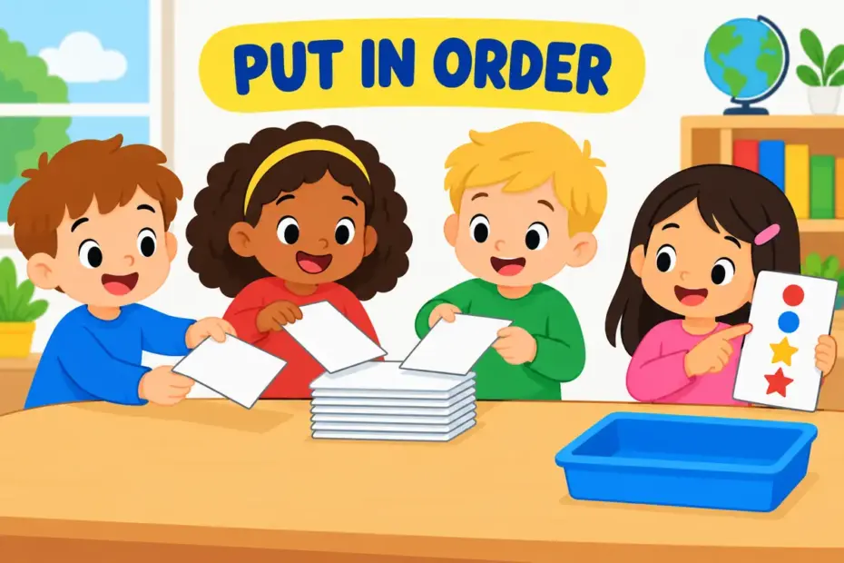 Cartoon pupils lay pages of a class book into numbered order on a table, showing collate in a sentence as gathering and arranging.