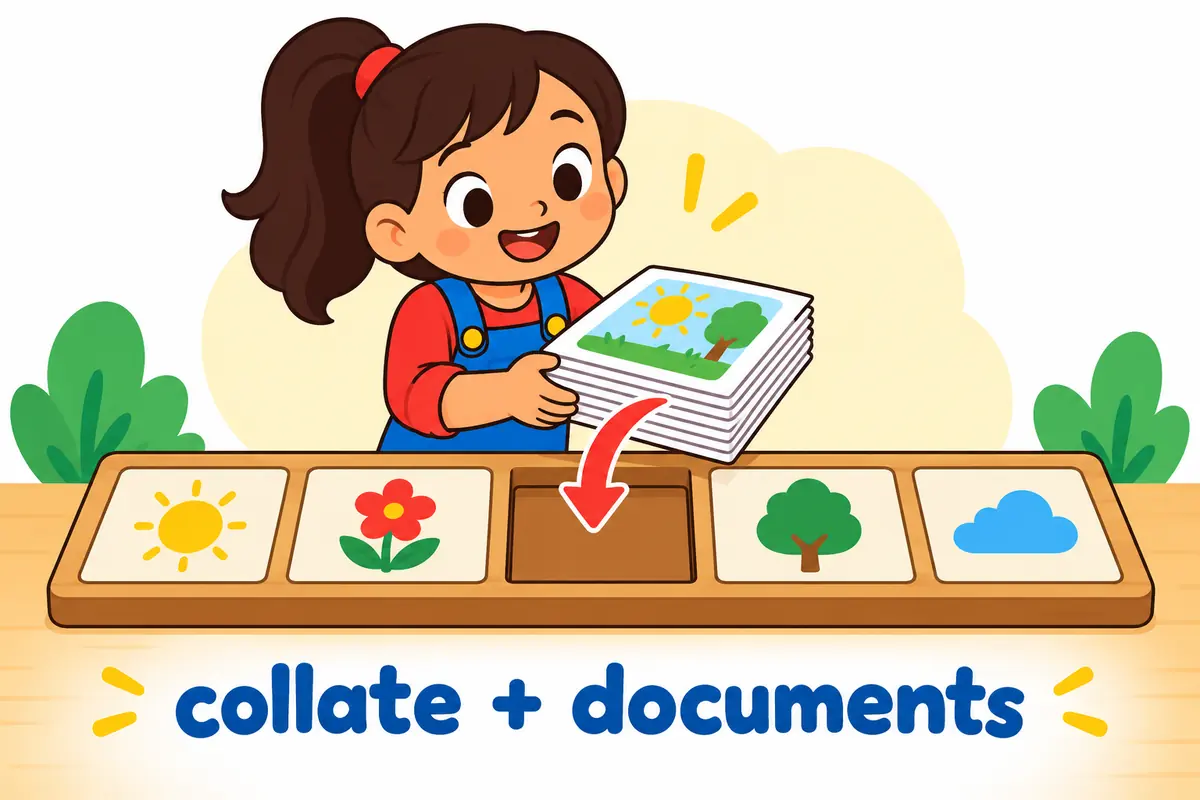 A cartoon sentence board shows a stack of documents filling the object slot after the verb collate.