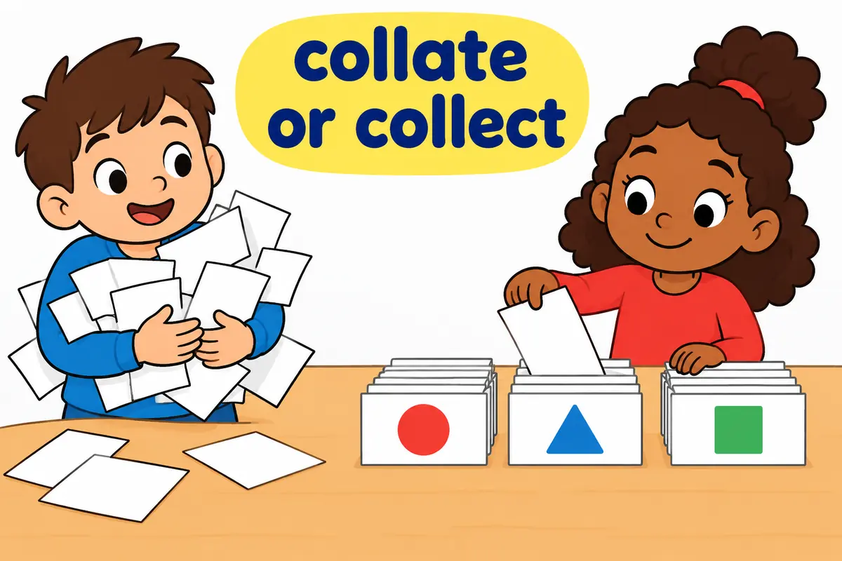A single cartoon scene contrasts a child piling loose papers with a child placing numbered pages into ordered sets.
