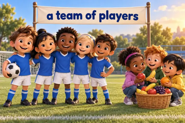 Cartoon children line up as one team and as one bunch, showing collective nouns in English for people and things.