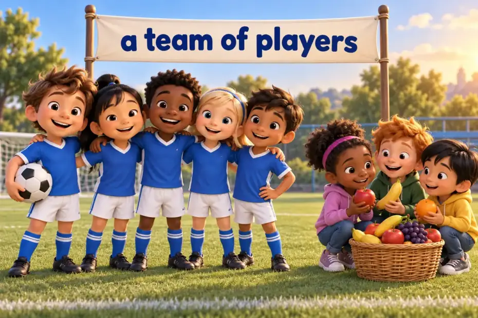 Cartoon children line up as one team and as one bunch, showing collective nouns in English for people and things.