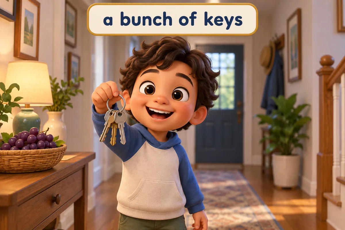A cartoon child holds up a ring of keys gathered together beside a basket of grapes.