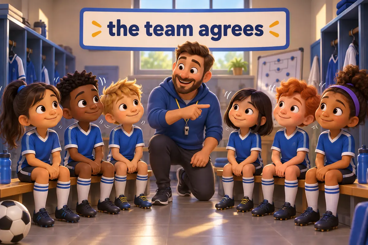 A cartoon coach points at a group of children moving together as one on a field.