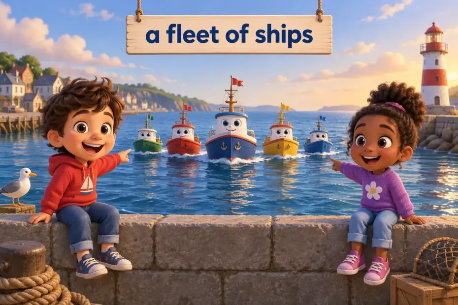 Cartoon children watch a small fleet of toy ships, showing collective nouns with examples as group words.