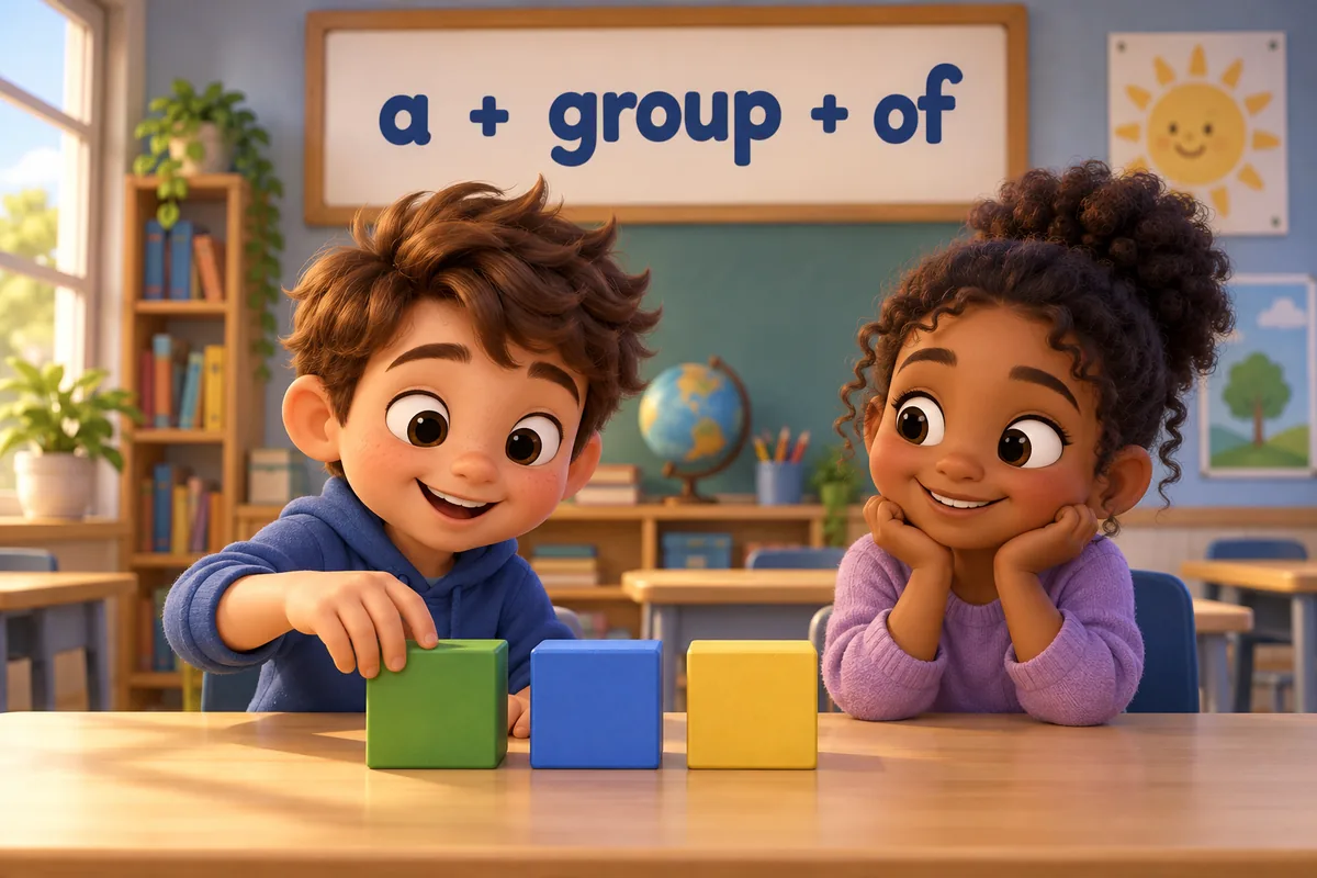 A cartoon child builds a sentence from three blocks labelled with a simple group-word pattern.