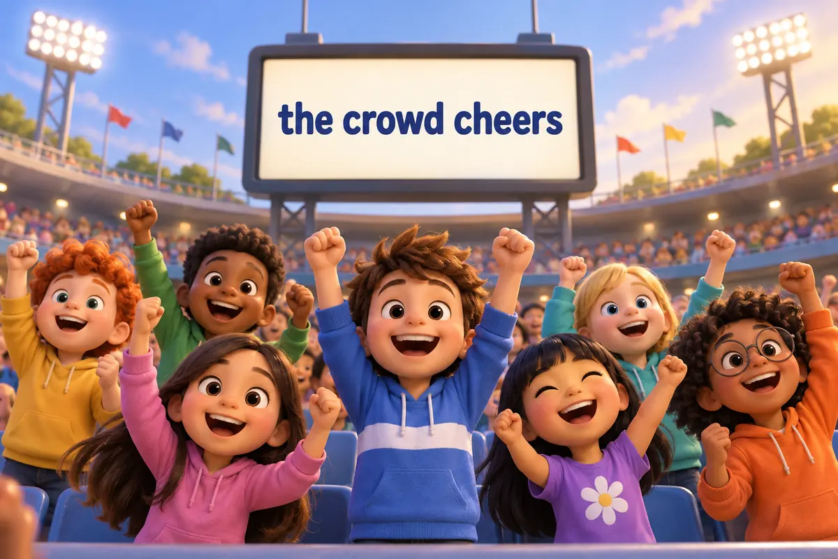 A cartoon group of children cheer together as one crowd beside a small scoreboard.