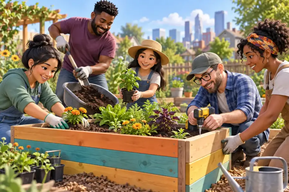 Neighbors work together to build one community garden planter.