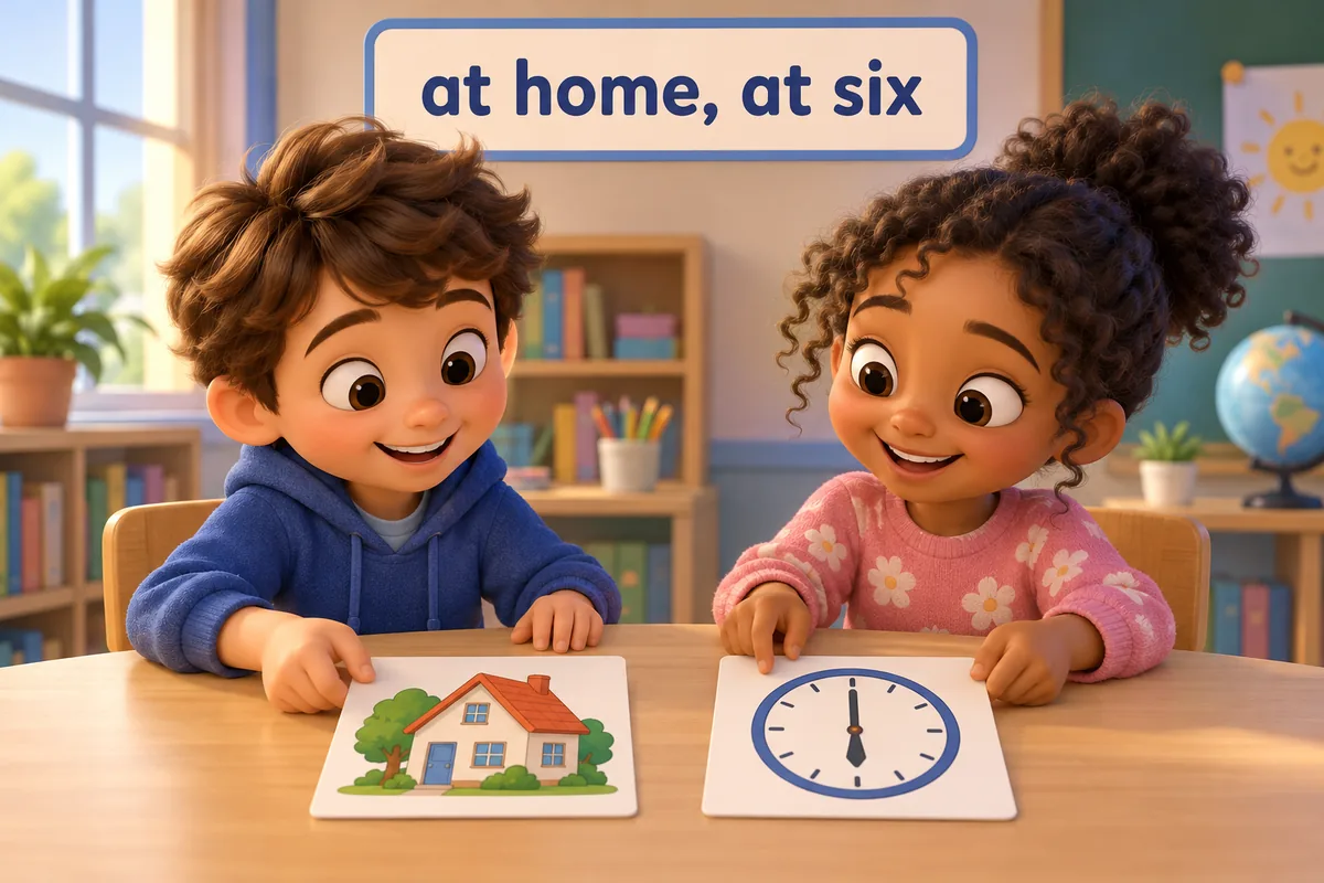 Cartoon children match collocations and expressions with at to picture cards on a classroom table.