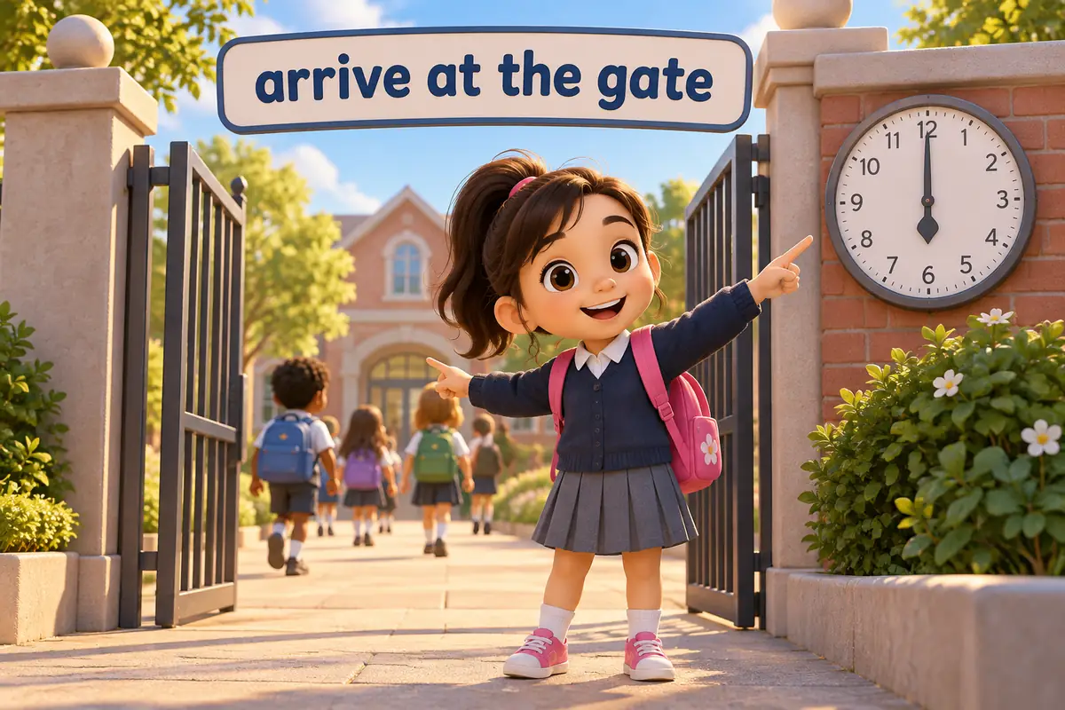 A cartoon child arrives at a school gate and points to a clock showing six, mixing a place point and a time point.