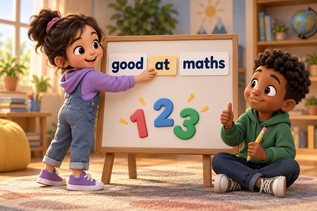 A cartoon child corrects the phrase good in maths to good at maths on a small sign.