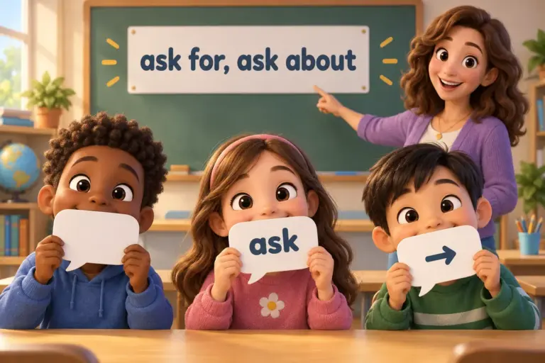 Cartoon children practise collocations with ask in English, holding speech cards that begin with ask.
