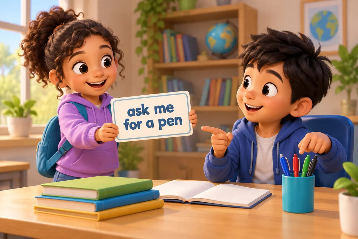 A cartoon child holds a card reading ask me for a pen and hands it to a friend at a desk.