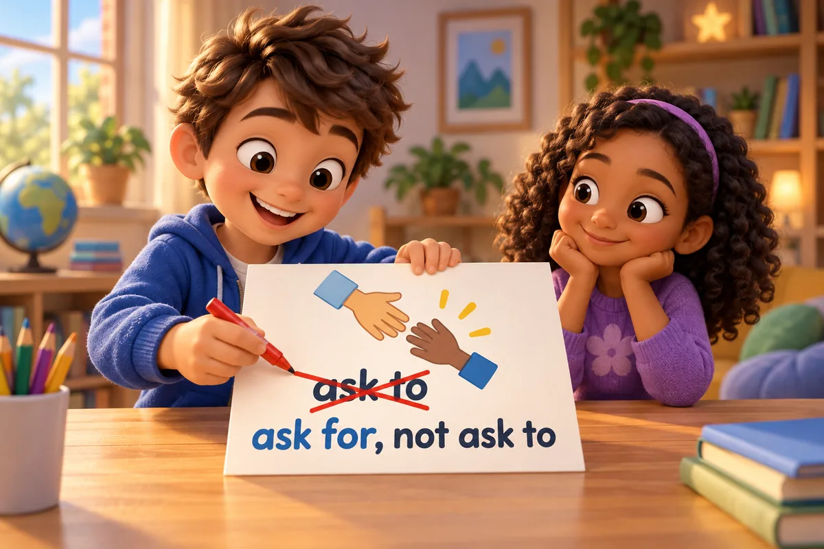 A cartoon child corrects the phrase ask to my help to ask for my help on a card.