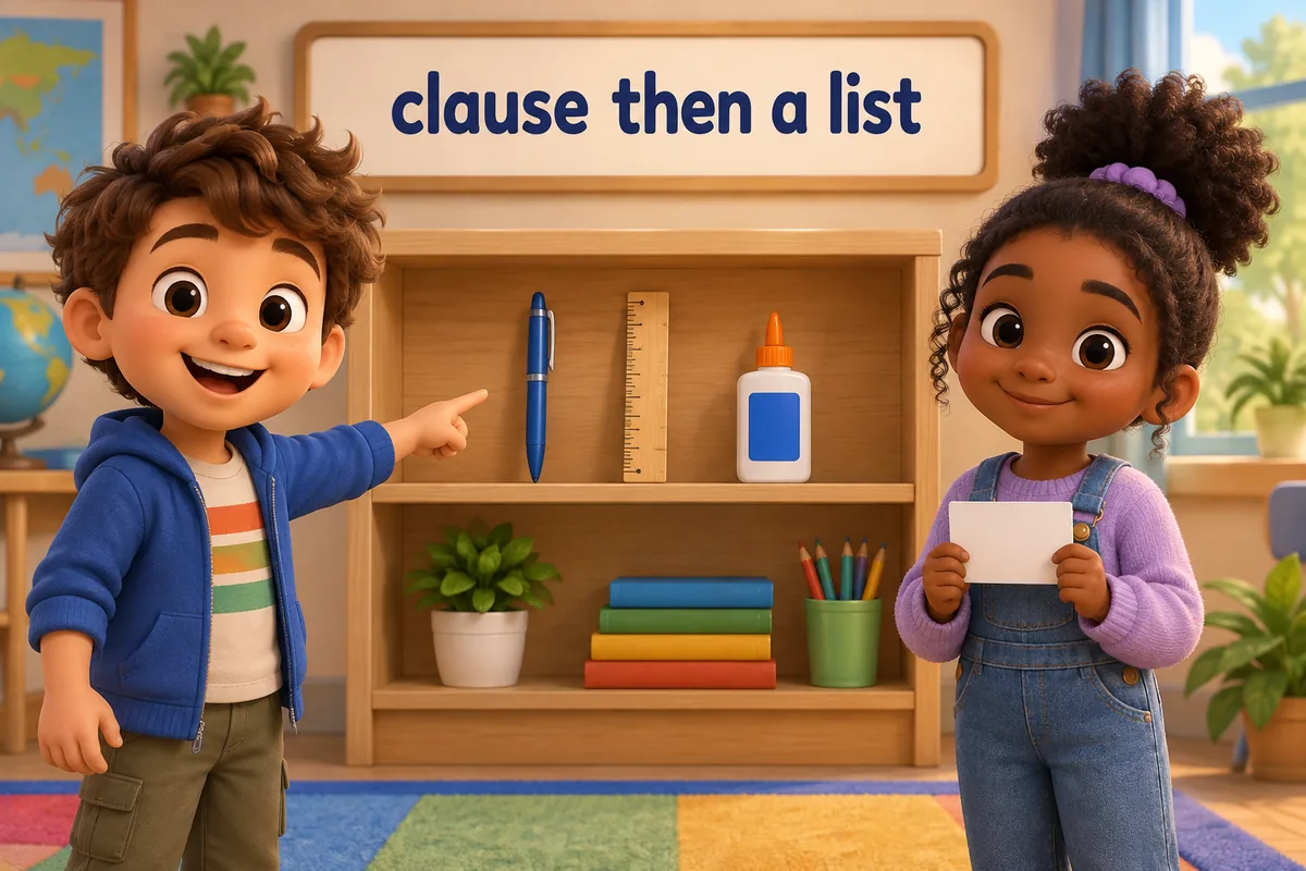 Cartoon children line up three items on a shelf, showing colon in English rules uses and examples that set up a list.