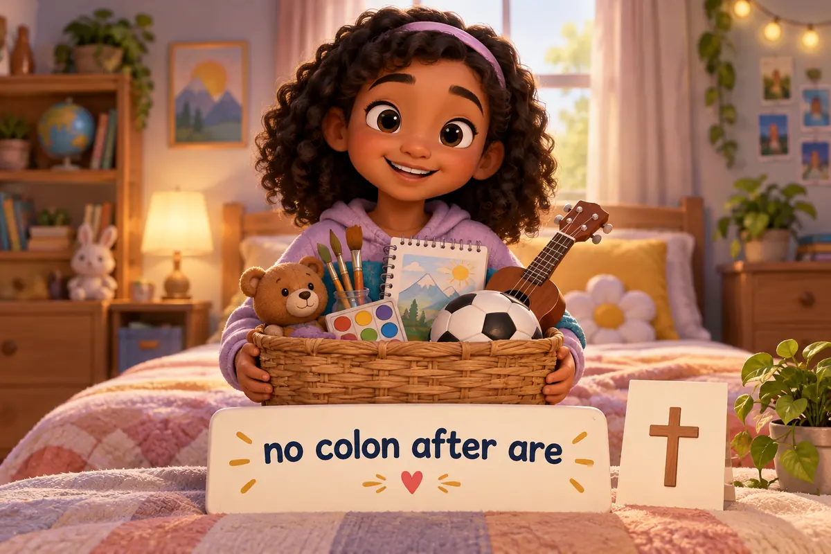 A cartoon child holds a basket of hobbies while a crossed-out card shows a colon removed after a verb.