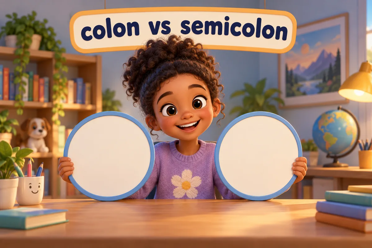 A cartoon child sets two matching signs side by side, one leading to a list and one joining two ideas.