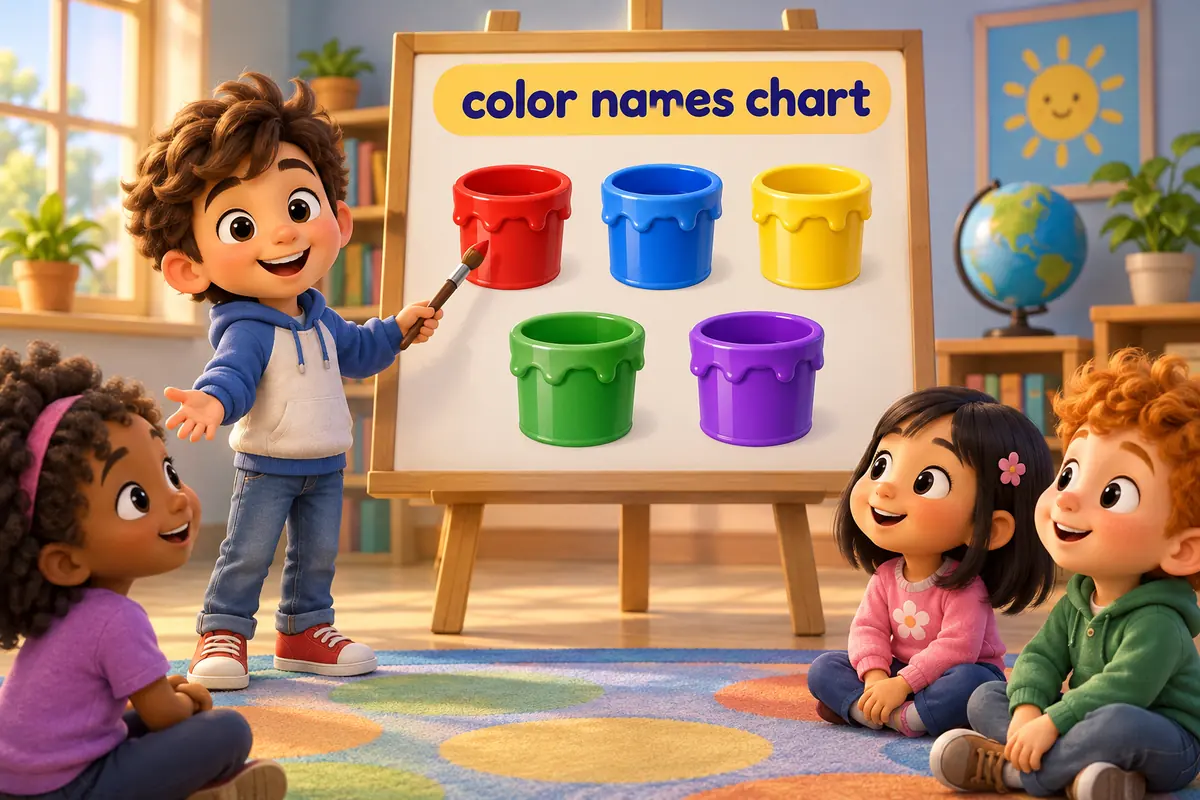 A cartoon chart of color names with pictures showing red, blue, yellow, green and purple paint pots in a row.