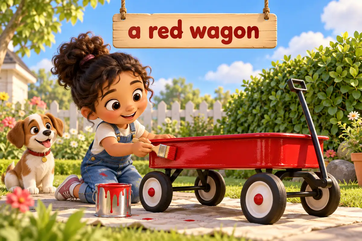 A cartoon child paints a red wagon and labels the colour beside it.