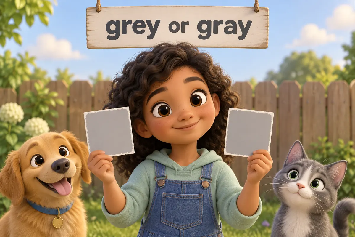 A cartoon child holds two paint swatches labelled grey and gray beside a fence.