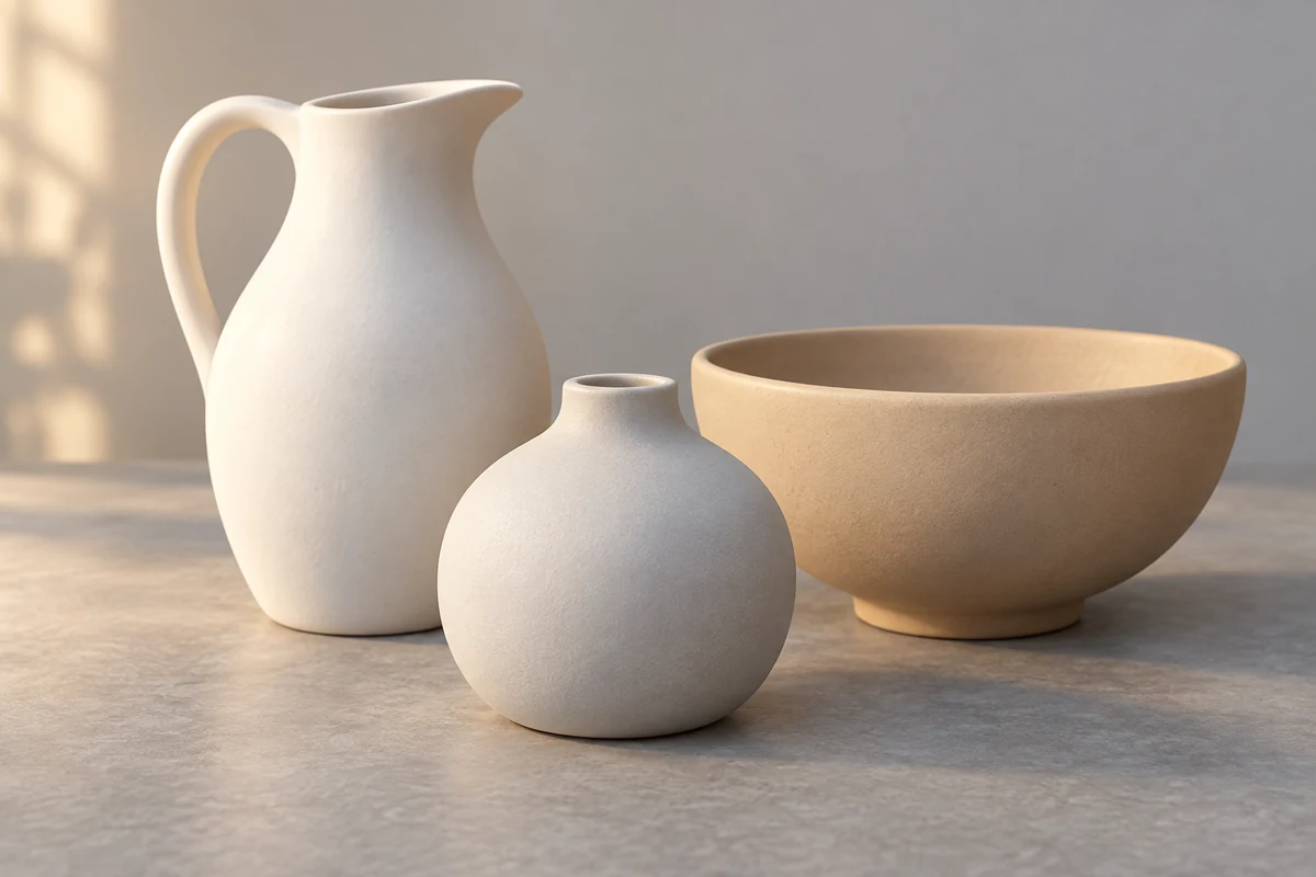 White, very light gray, and pale wheat-colored objects sit together.