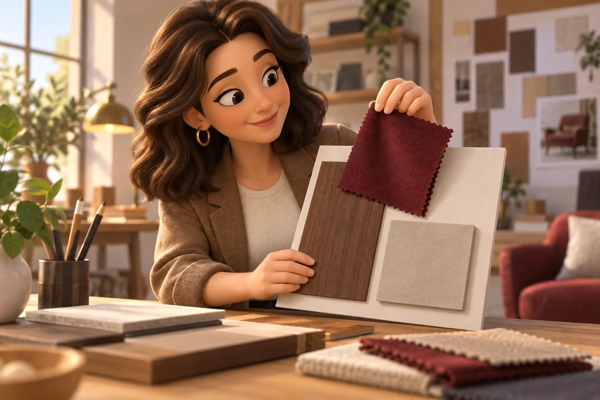 A designer compares fabric, wood, and neutral sample colors.