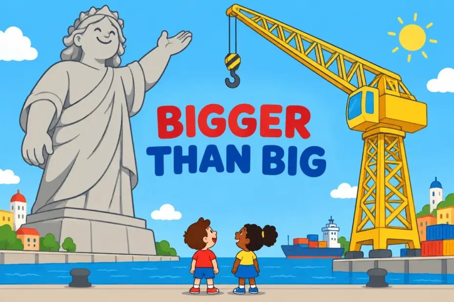 Cartoon children stand tiny beneath a colossal statue and crane, showing colossal in a sentence as overwhelming size.