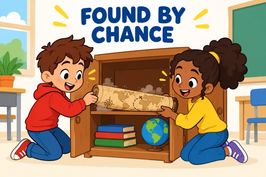 Cartoon children come across an old map while tidying a classroom cupboard, showing come across in a sentence as a chance discovery.