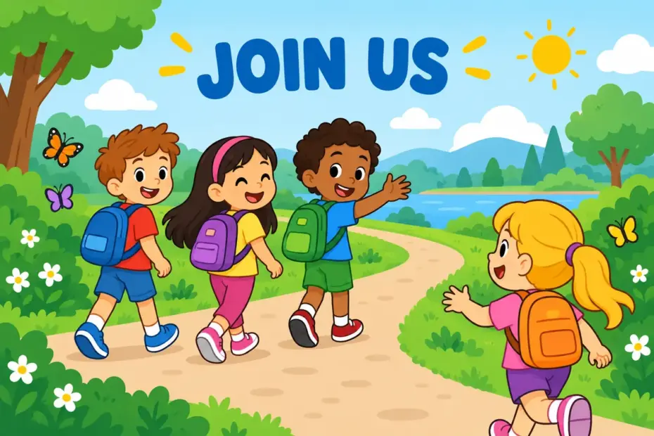 Cartoon children set off on a walk and wave a friend in, showing come along in a sentence as joining a group.