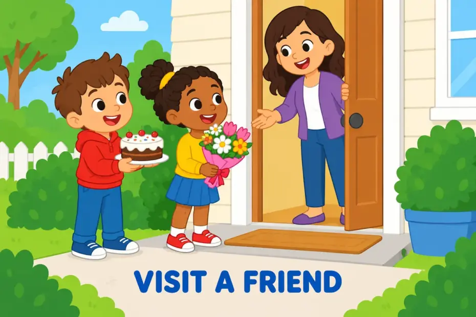 Cartoon friends arrive at a front door with a cake, showing come around in a sentence as visiting someone.