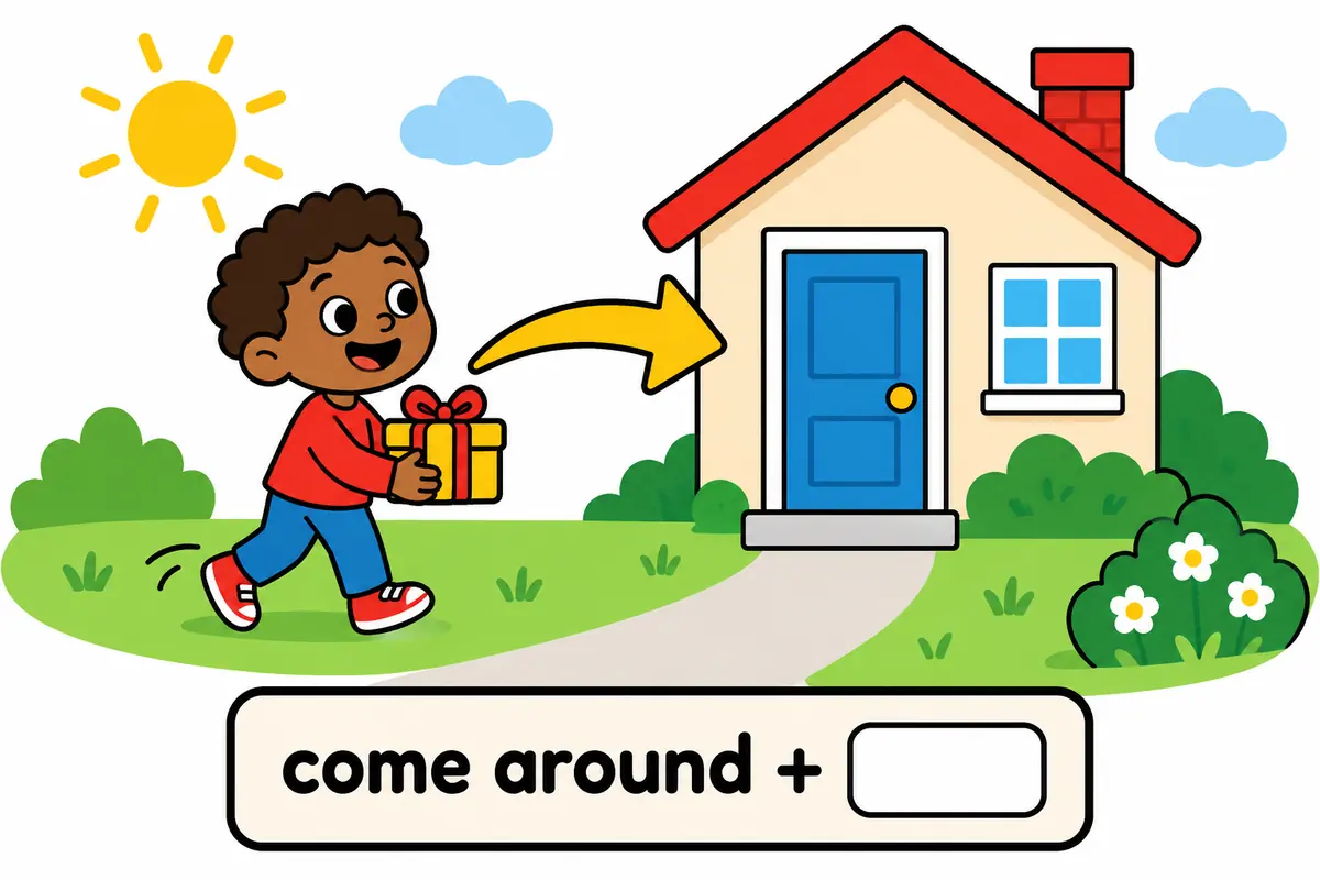 Cartoon children walk toward a friend's house with a gift, showing that come around takes no object.