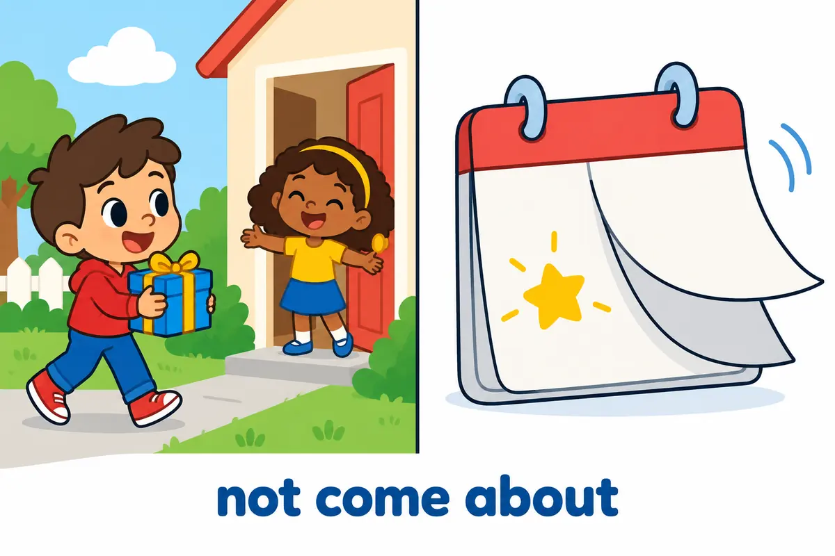 A cartoon split scene contrasts a child walking to a friend's house with a spinning calendar page.