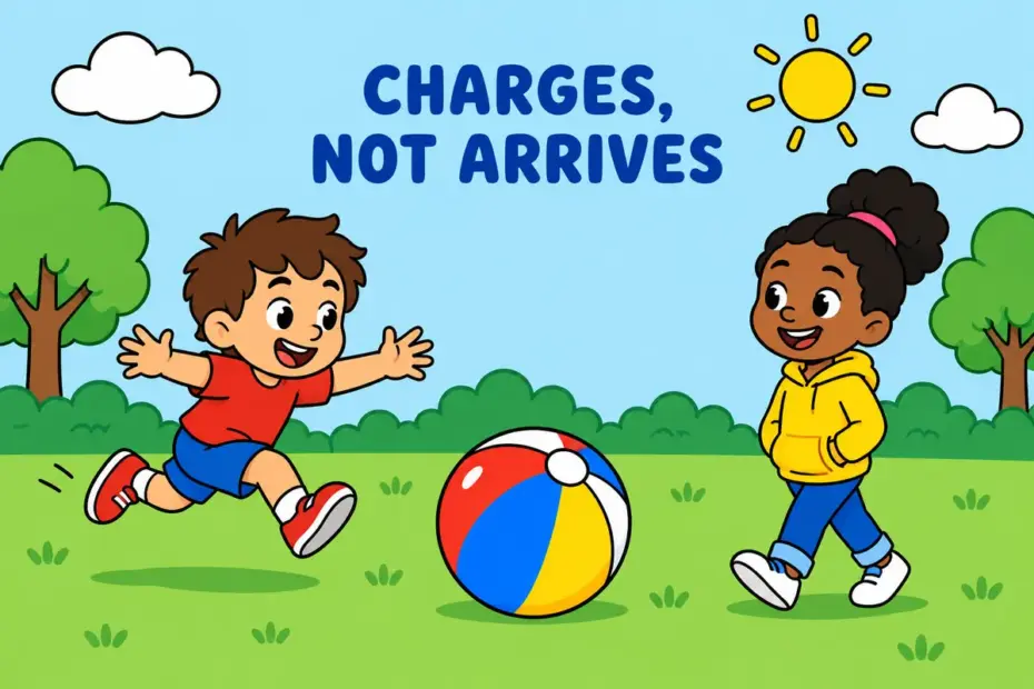 A cartoon goalkeeper charges at a rolling ball while a calm friend walks to it, showing come at in a sentence as forceful movement.