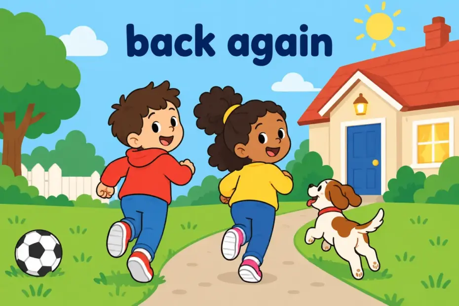 Cartoon children run back toward their house at dusk, showing come back in a sentence as a simple return.