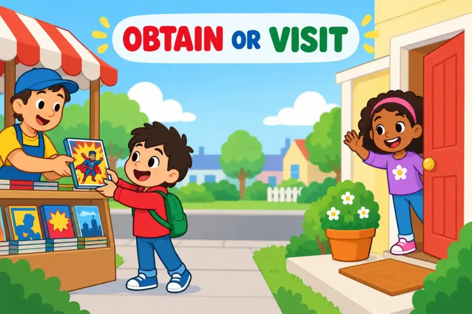 Cartoon children swap a rare book at a stall and then wave at a door, showing come by in a sentence as obtain or visit.