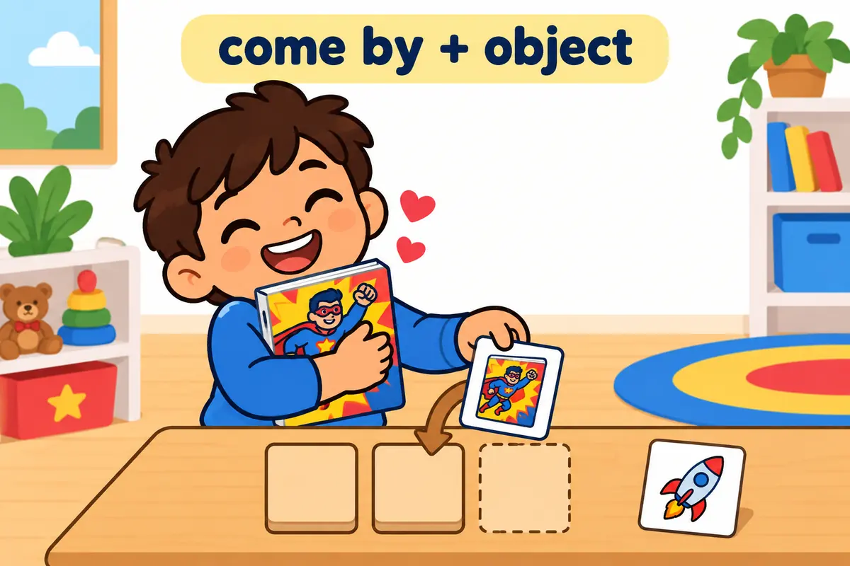 A child finds a rare comic book beside picture cards showing come by plus an object.