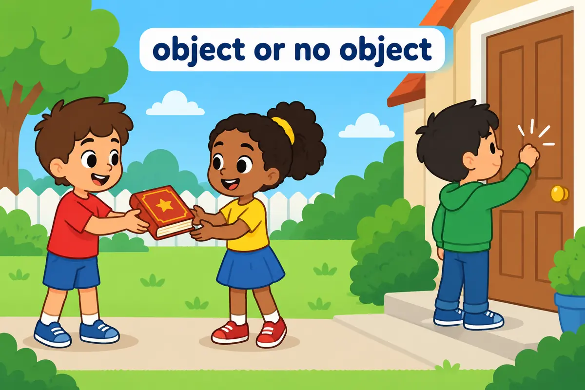 A single cartoon scene contrasts a child handing over a rare book to another with a child arriving at a door, showing obtain versus visit.