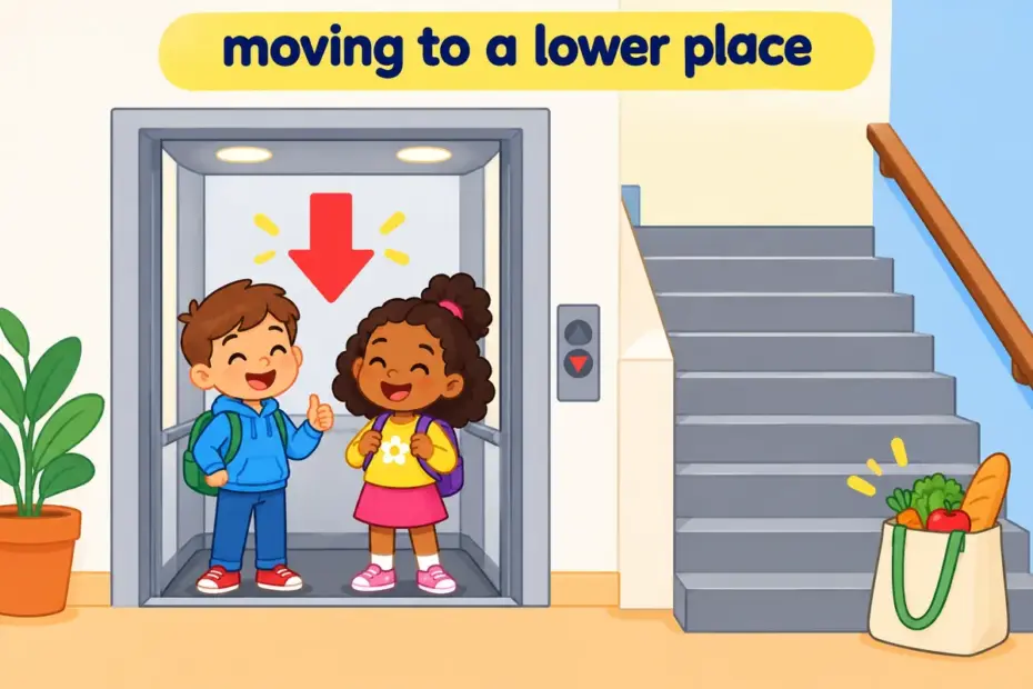 Cartoon children ride a lift to a lower floor, showing come down in a sentence as movement to a lower place.